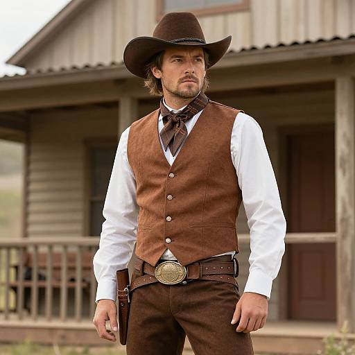 Photograph of a rugged, bearded man in a brown vest, white shirt, black tie, and brown cowboy hat standing in front of a rustic