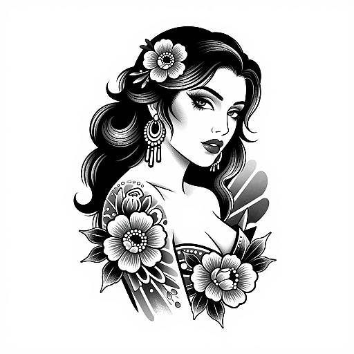 Black-and-White Tattooed Woman Vector