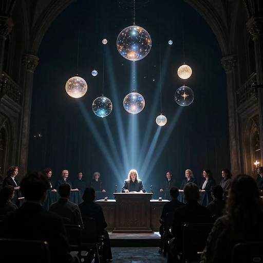 Photograph of a speaker at a dimly lit, arch-ceilinged lecture hall, illuminated by hanging spherical lights, with an audience seated in dark