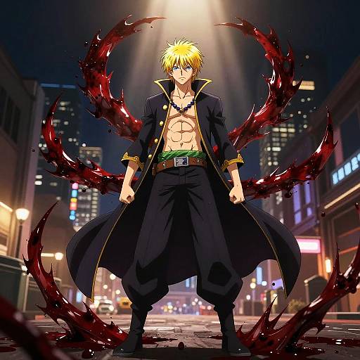 Anime-style digital artwork of a muscular, blonde-haired man with glowing eyes, wearing an open black coat, exposing his abs, standing in a neon-l