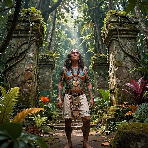 Photograph of a topless indigenous woman with dark skin, blue body paint, and tribal jewelry, standing in a lush, moss-covered jungle temple ruins
