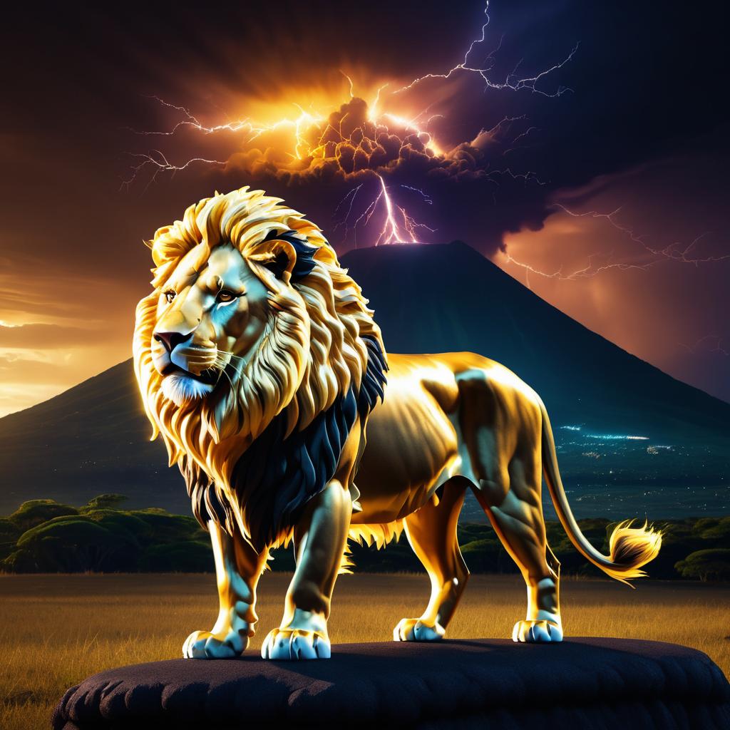 Majestic Lion with Erupting Volcano at Night