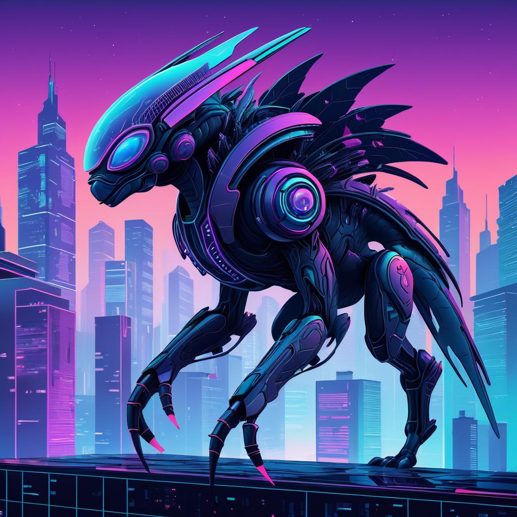 Alien Creature in Cyberpunk Cityscape