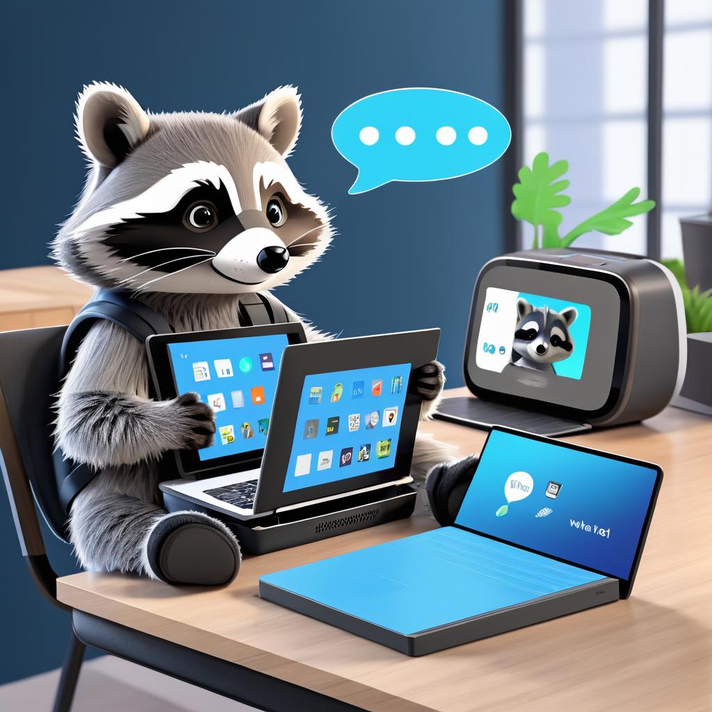 Raccoon Working with Tech Companion