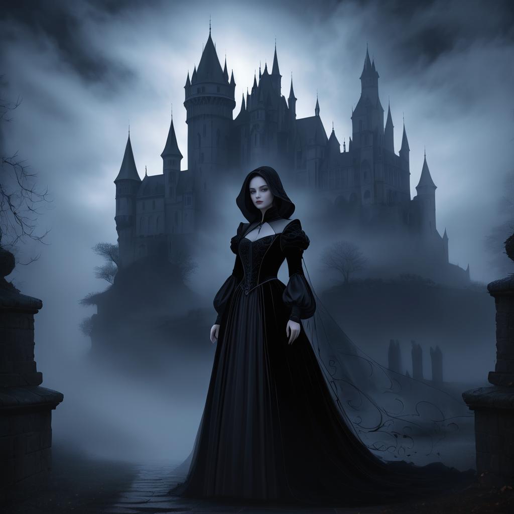 Mysterious Gothic Woman in Misty Castle