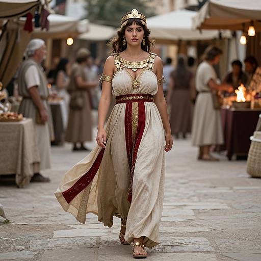 Photograph of a fair-skinned woman with dark hair, wearing a gold headpiece, white and red Greek-style dress, walking on a cobble