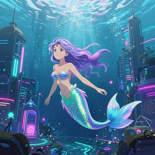 Digital anime-style illustration of a purple-haired, blue-shell mermaid with a shimmering green-scaled tail, floating in a vibrant, neon-lit