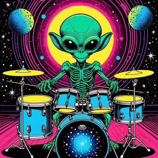 Alien Drummer Playing Cosmic Drum Kit