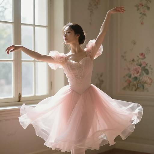 Photograph of a graceful ballerina in a pink tutu, sunlight streaming through a window, arms elegantly raised, floral-patterned room.