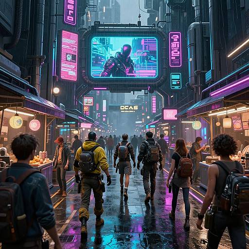 Cyberpunk street scene at night, neon-lit, rain-soaked, diverse crowd walking, futuristic city, glowing signs, digital billboard, futuristic