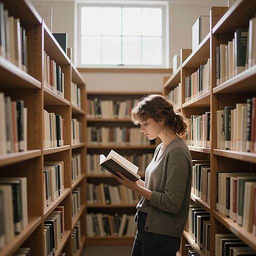 Photograph of a young woman with curly brown hair, wearing a gray cardigan, standing in a sunlit library aisle, reading a book. Tall