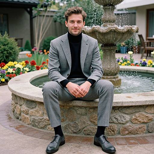 Man in Stylish Suit by Garden Fountain