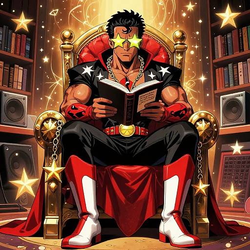 Muscular superhero with yellow star-shaped eyes reads book on golden throne, surrounded by stars and bookshelves, wearing black and red costume. Digital art