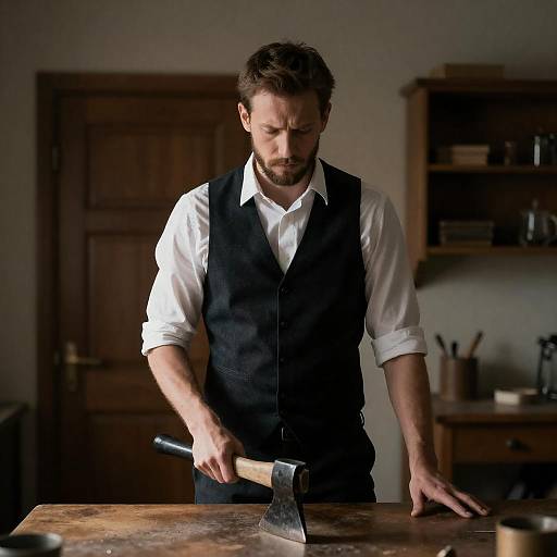 Intense Man with Axe in Dim Room