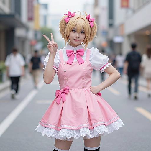 Photograph of a young person with short blonde hair, pink bows, wearing a pink and white cosplay dress, making a peace sign in a busy city