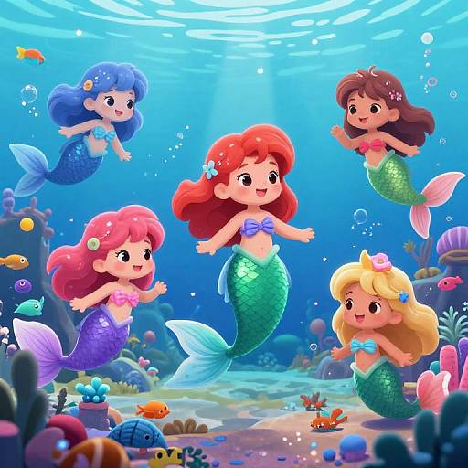 Colorful digital illustration of four cute mermaids with big eyes, different hair colors, and green, purple, and blue tails, swimming underwater surrounded by