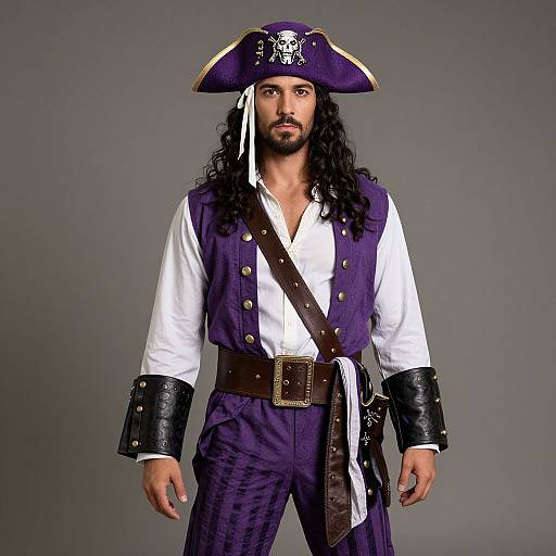 Photograph of a muscular man with long black hair, wearing a purple pirate outfit, white shirt, black leather cuffs, and a tricorn hat with