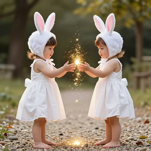Photograph of two young girls in white dresses and white bunny ear hats, barefoot, holding sparklers, standing on a gravel path in a forest
