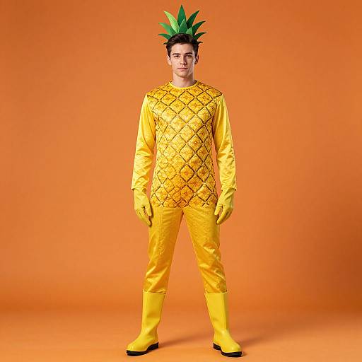 Photograph of a man in a vibrant yellow pineapple costume with green leafy headpiece, standing against a solid orange background.