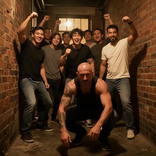 Crouching Tattooed Man in Alley