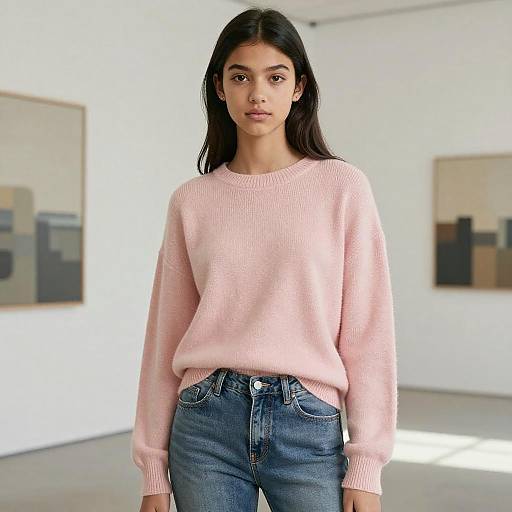 Photograph of a young woman with long black hair, wearing a light pink sweater and blue jeans, standing in a modern art gallery with abstract paintings on