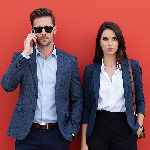 Confident Stylish Duo on Red Background