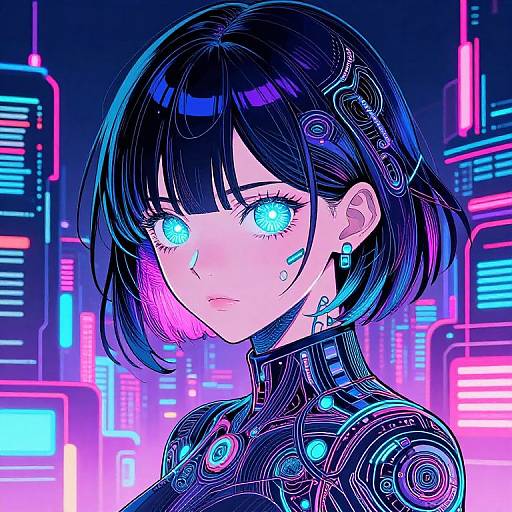 Digital anime-style portrait of a cyberpunk woman with glowing blue eyes, neon-lit black hair, and intricate cybernetic clothing in a vibrant,