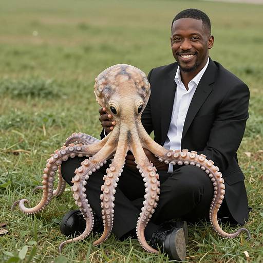 Man in Suit Holding Large Octopus