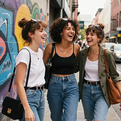 Photograph of three laughing women with curly hair, wearing white and black tops, high-waisted jeans, and sunglasses, walking on a colorful,