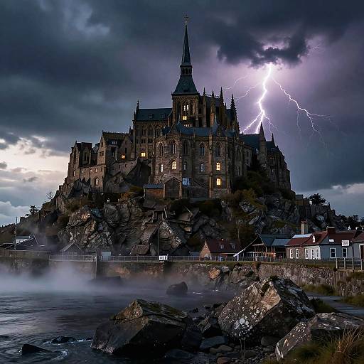Photograph of a dramatic, stormy night scene with a lightning bolt striking a towering, medieval castle perched on a rocky hillside, surrounded by