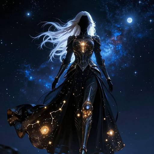Digital art of a silhouetted, white-haired female warrior in a glowing, star-filled, dark blue cosmic background with intricate armor and flowing dress