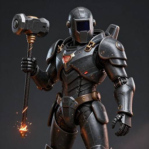 CGI image of a futuristic, armored warrior holding a massive hammer with a glowing ember, dark metallic suit, black helmet, and red insignia.