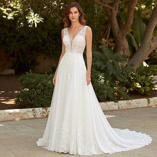 Photograph of a brunette woman in a white, lace-embellished, V-neck, sleeveless wedding dress with a full skirt, standing outdoors