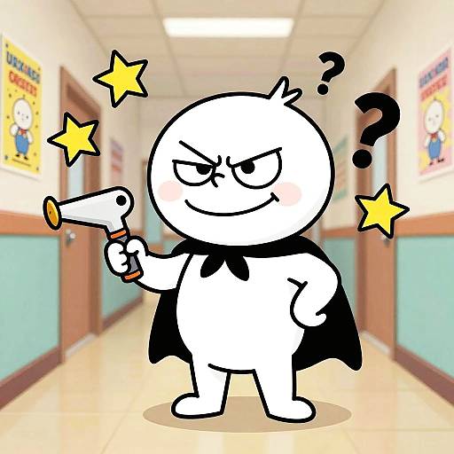 Cartoon white character with black cape, holding gun, smirking, stars above head, question mark, standing in brightly lit hallway.