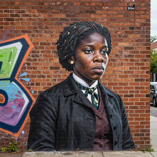 Photograph of a serious Black woman with short, braided hair, wearing a black coat, maroon vest, and green tie, standing in front