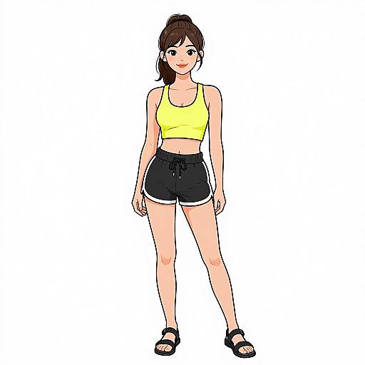 Digital anime-style drawing of a young woman with brown hair in a ponytail, wearing a yellow crop top, black shorts, and black sandals, standing