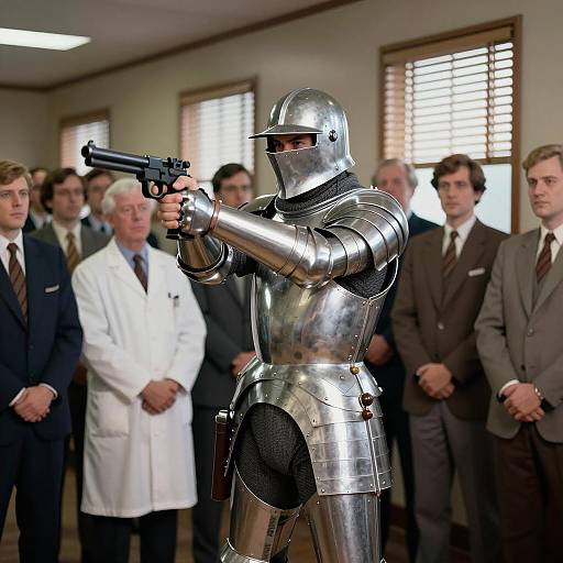 Man in Armor Pointing Gun in 1980s Office