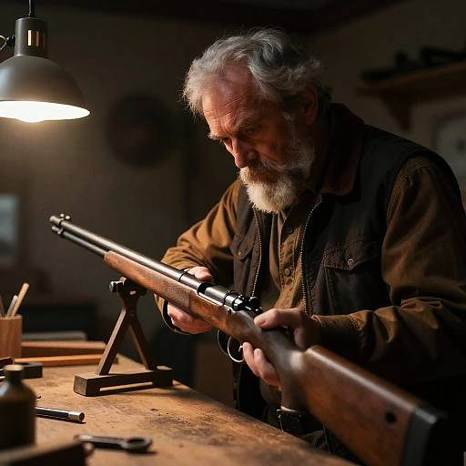 Intense Elderly Gunsmith in Workshop
