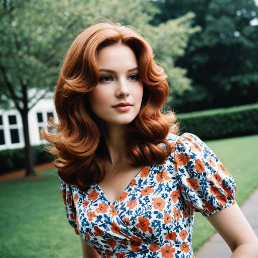 Woman in Floral 70s Dress with Auburn Wavy Hair