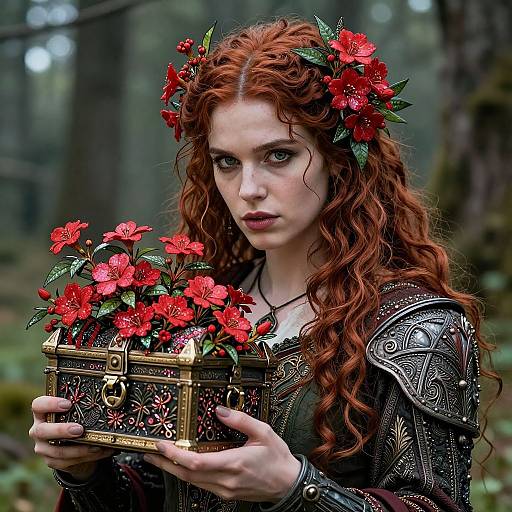 Photograph-style digital artwork of a red-haired woman with curly hair, wearing ornate armor, holding a golden, flower-adorned box in a