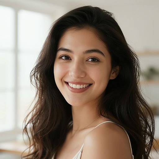 Photograph of a smiling young woman with long, wavy dark brown hair, light brown skin, and brown eyes, wearing a white strap top,