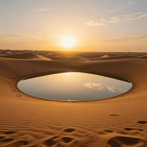 Photograph of a serene desert sunset, with golden sunlight reflecting in an oval-shaped natural water hole in sand dunes.