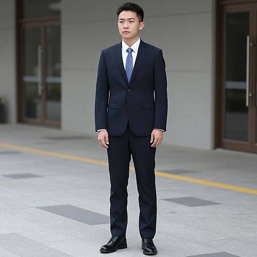 Photograph of a young Asian man in a black suit, white shirt, and blue tie, standing on a city sidewalk.