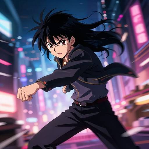 Anime-style drawing of a determined, black-haired boy in a dark jacket and pants, pointing forward in a neon-lit, bustling city street at night