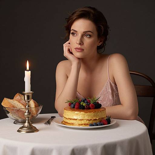 Photograph of a pensive woman in a pink lace top, resting her chin on her hand, at a table with a lit candle, bread,