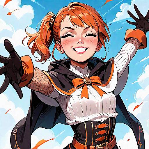 Cheerful Anime Girl in Blue Sky