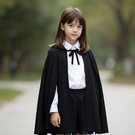 Photograph of a young girl with straight brown hair wearing a black cape over a white shirt and black skirt, standing in a blurred green park.