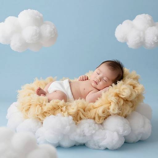 Photograph of a sleeping baby with closed eyes, lying on a fluffy yellow cloud, surrounded by white clouds, against a light blue background.