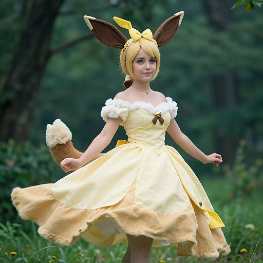 Photograph of a young woman in a yellow, fluffy Eevee cosplay dress with brown ears and tail, standing in a forest.