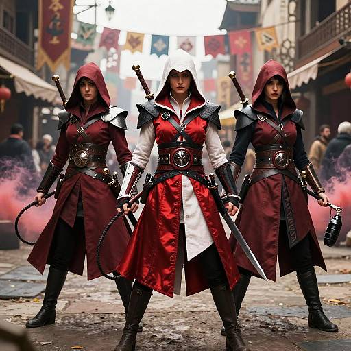 Photorealistic CGI: Three fierce, hooded, armored women with red and white cloaks, swords, and belts, standing in a medieval street